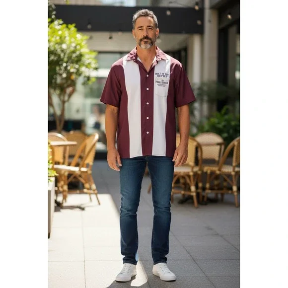 Built In The Fifties Retro Bowling Shirt Mens Medium Burgundy White Short Sleeve - Picture 1 of 6